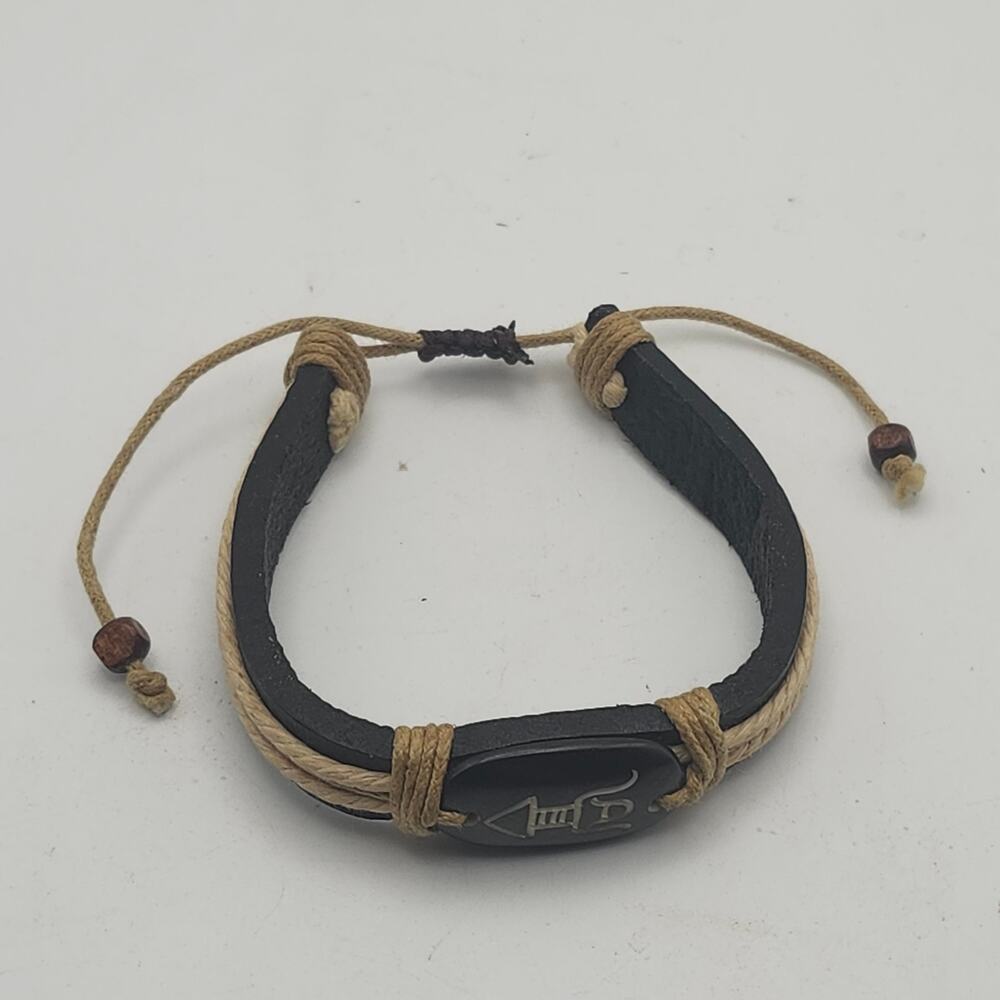 Adjustable Black Leather Cuff Egyptian Style Cartouche Good Luck Cord Wrap Knot